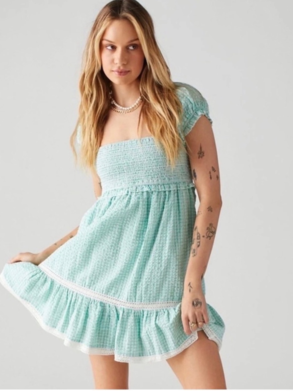 Urban Outfitters Marseille Gingham Seersucker Babydoll Mini Dress Mint Small